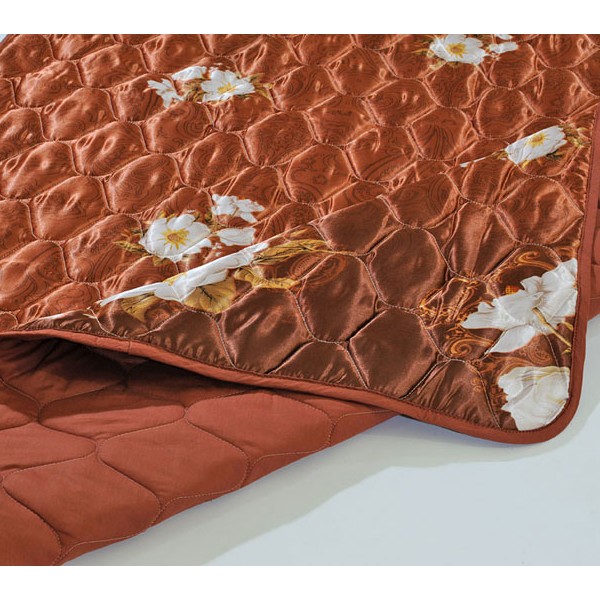 Всесезонное одеяло темно-коричневый атлас с белыми цветами и однотонно-коричневым компаньоном -FSD_98335