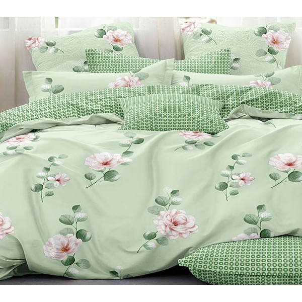 Постельное белье из светло-зеленого поплина со светло-розовыми цветами и компаньоном в темно-зеленый горошек