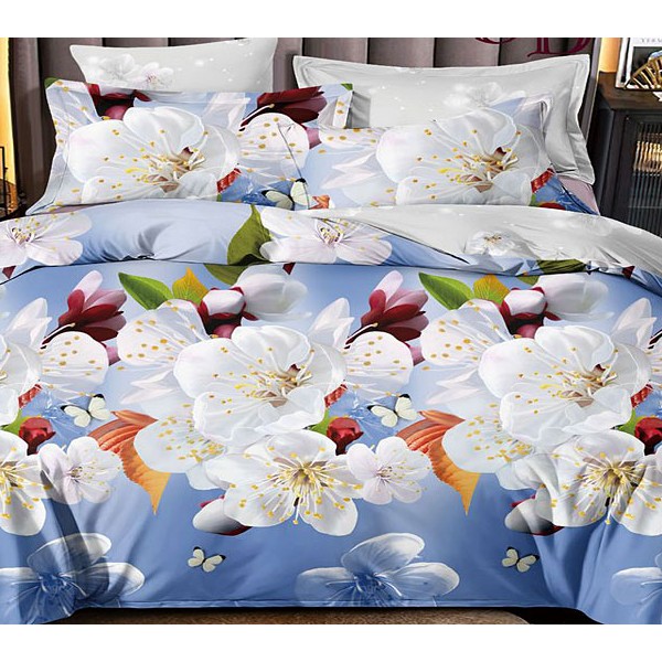 Постельное белье из светло-синего поплина с белыми цветами и светло-серым компаньоном