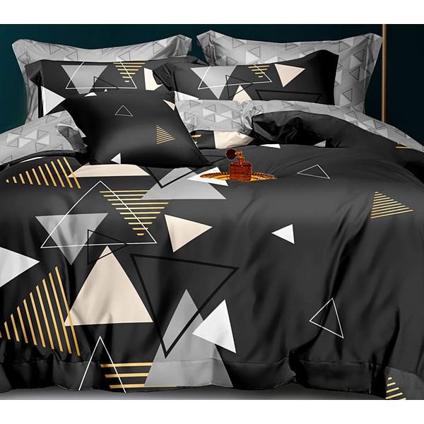 Постельное белье из черного поплина с трегольной абстракцией и бело-серым компаньоном