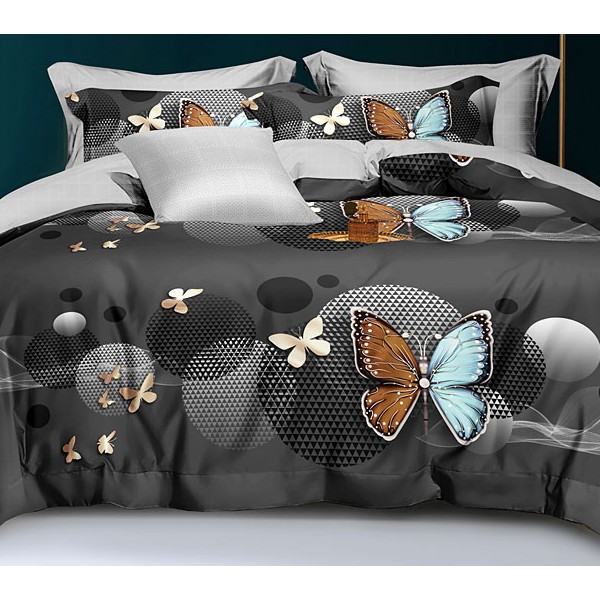 Постельное белье из черного поплина с бабочками и светло-серым компаньоном