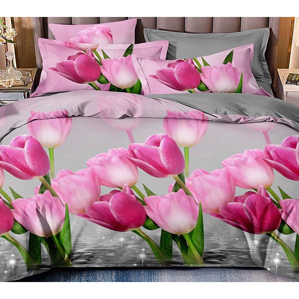 Постельное белье из светло-серого поплина с бело-розовыми тюльпанами и серым компаньоном