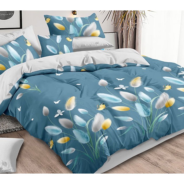 Постельное белье из светлого сине-серого поплина с желтыми бабочками и серовато-белым компаньоном