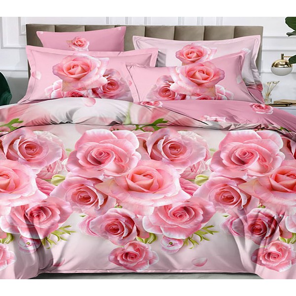 Постельное белье из бело-розового поплина с розовыми бутонами роз и однотонно-розовым компаньоном