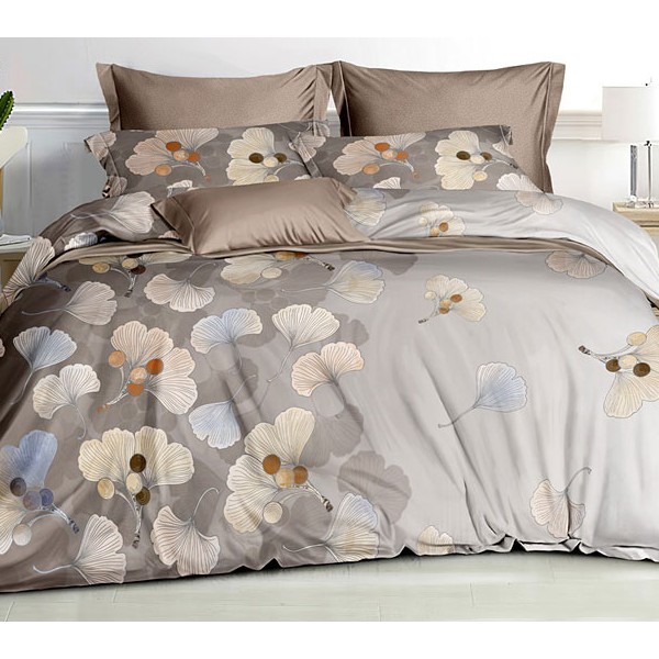 Постельное белье из бело-коричневого поплина с желтовато-серыми цветами и однотонно-коричневым компаньоном
