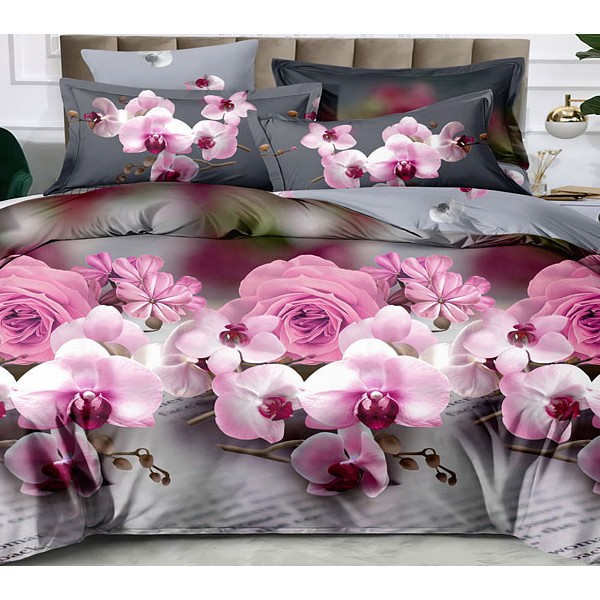 Постельное белье из поплина с бело-розовыми цветами и серым компаньоном