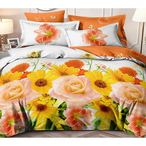 Постельное белье из белого поплина с оранжевыми и желтыми цветами с оранжевым компаньоном