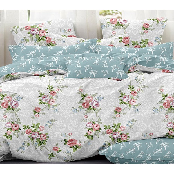 Постельное белье из светло-серого поплина с бледно-красными розами с зелено-синим компаньоном