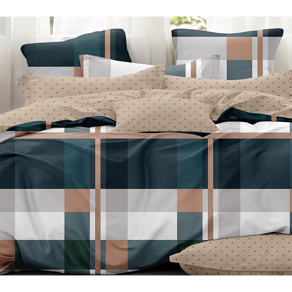 Постельное белье из темно-зеленого поплина с серыми квадратами и песчанным компаньоном