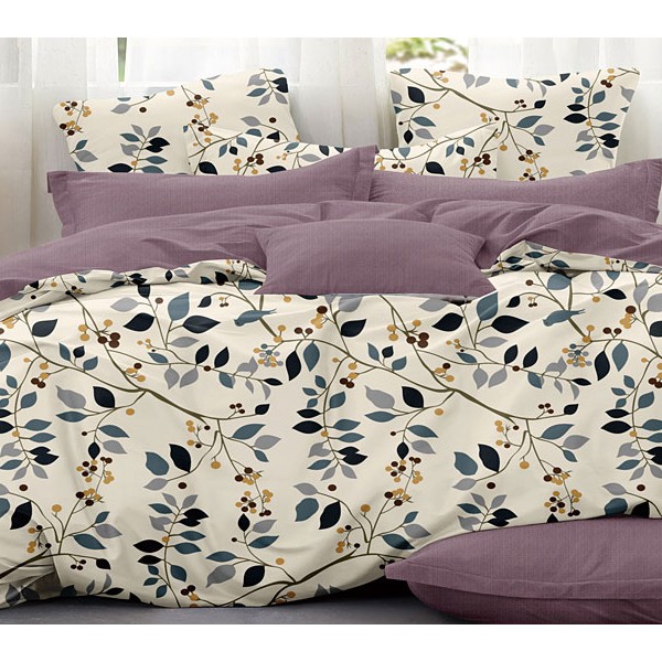 Постельное белье из блено-желтоватого поплина с черно-зелеными листьями и темно-пурпурным компаньоном