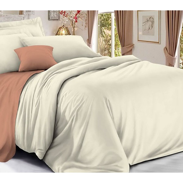 Постельное белье из лимонно-бежевого однотонного поплина с красно-коричневым компаньоном