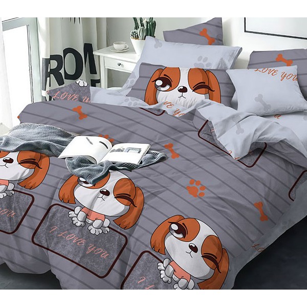 Постельное белье из серого поплина с рыжими мультяшными собаками и светло-серым компаньоном