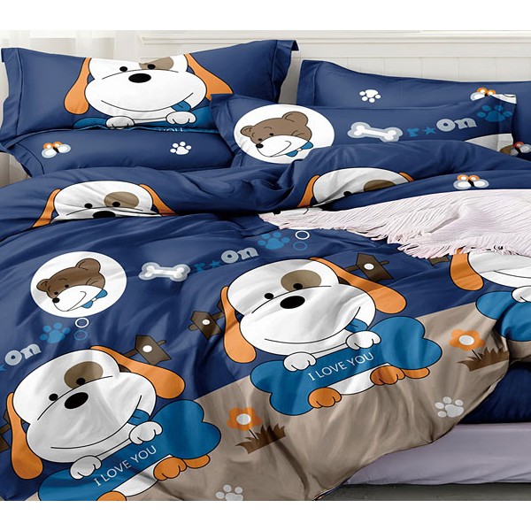Постельное белье из темно-синего поплина с белыми мультяшными собаками