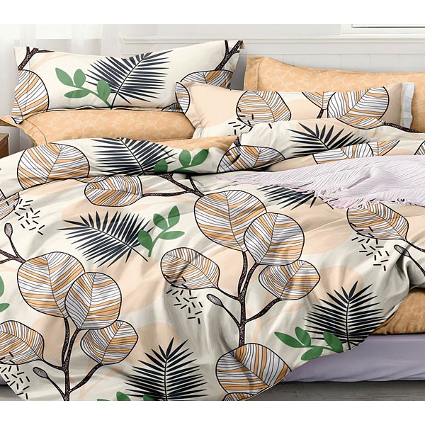 Постельное белье из бежевого поплина с разноцветными листьями и светло-оранжевым компаньоном