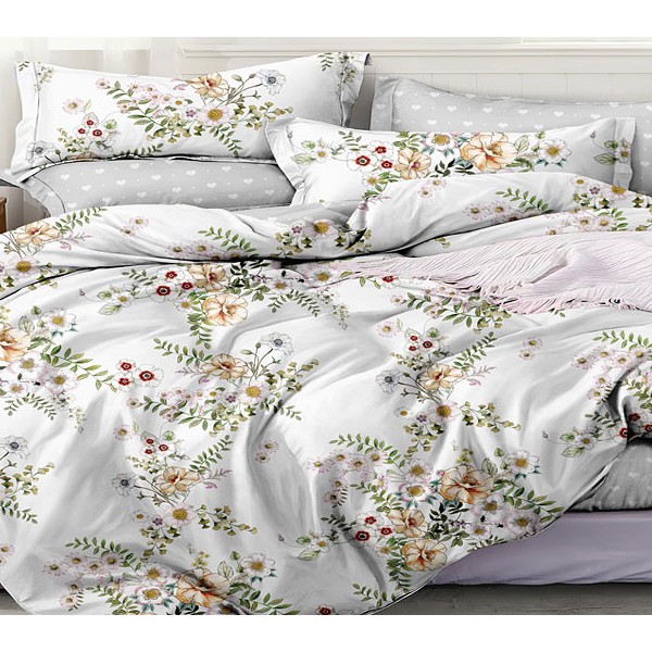 Постельное белье из белого поплина с мелкими цветочками и светло-серым компаньоном