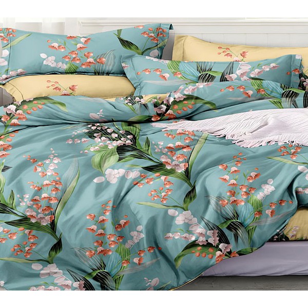 Постельное белье из сине-зеленого поплина с белыми и красными цветами и светло-желтым компаньоном