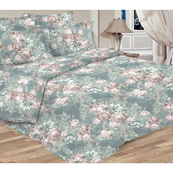 Серебристо-серая Шуйская бязь с розовато-коричневыми бутонами роз