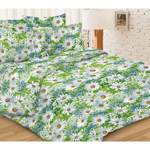 Травянисто-зеленая Шуйская бязь с белыми ромашками и сине-голубыми васильками