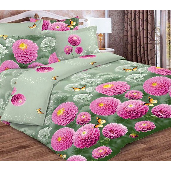 Светло-зеленая Шуйская бязь с темно-розовыми цветами и бабочками