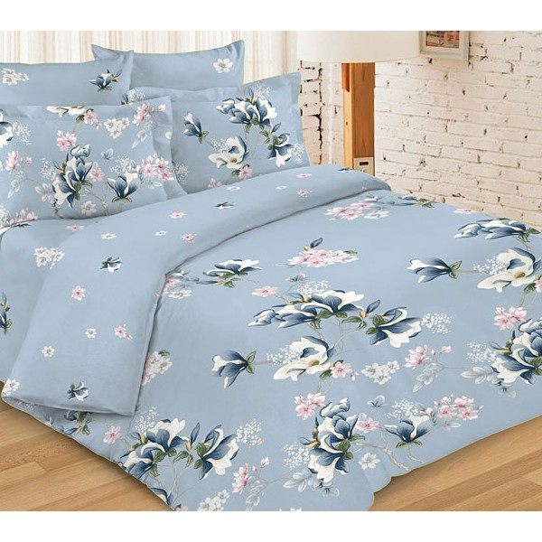 Серовато-голубая Шуйская бязь с бело-синими цветами