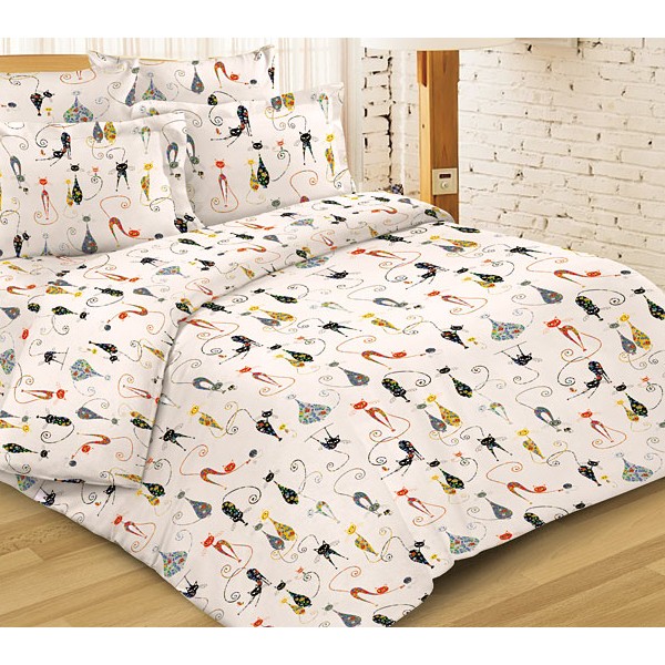 Светло-миндальная Шуйская бязь с разноцветными нарисованными кошками