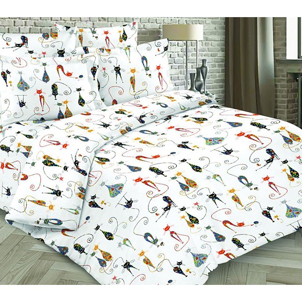 Белая Шуйская бязь с разноцветными нарисованными кошками