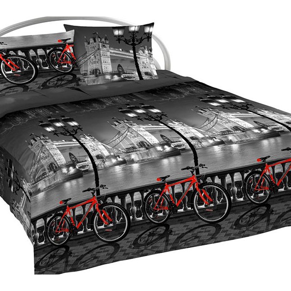 Черно-серая Шуйская бязь с красными велосипедами на набережной