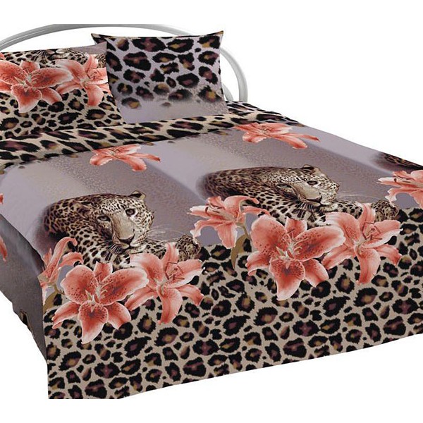 Светло-серая Шуйская бязь с леопардами и розовыми цветами