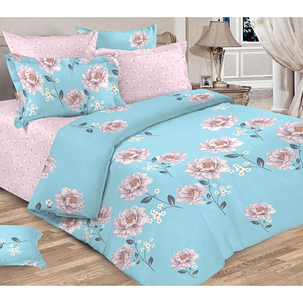 Бирюзовая Тейковская бязь Эдем с белыми бутонами цветов и светло-розовым компаньоном