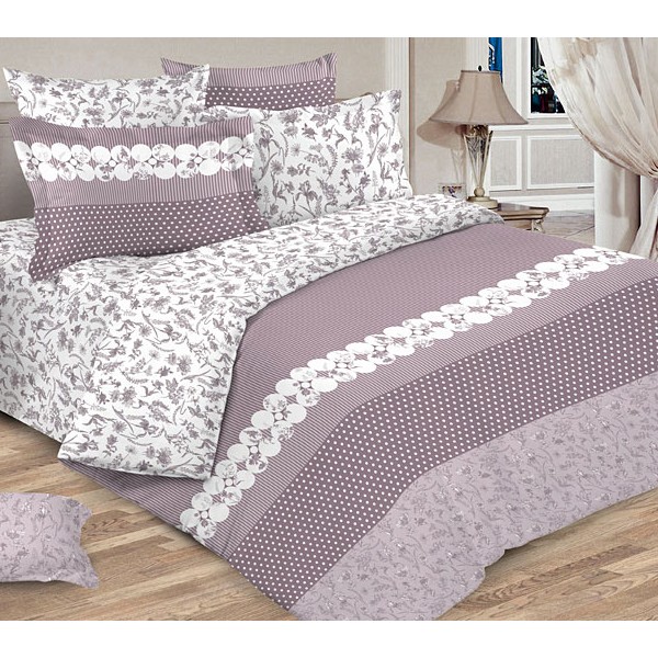 Серо-пурпурная Тейковская бязь Флирт с белыми рисунками и белым компаньоном с серо-пурпурными рисунками