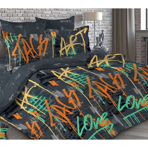 Черная Тейковская бязь Лофт с разноцветными надписями и абстракцией