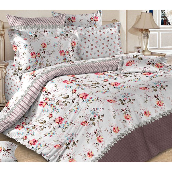 Белая Тейковская бязь Рапсодия с красными розами и коричневой каймой