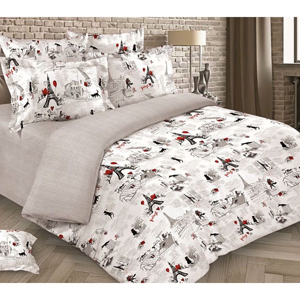 Белая Тейковская бязь Коты в Париже с красно-черными рисунками и серым компаньоном