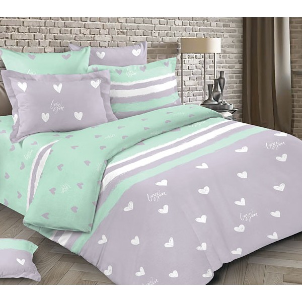 Серо-зеленая Тейковская бязь с белыми сердцами и светло-зеленым компаньоном