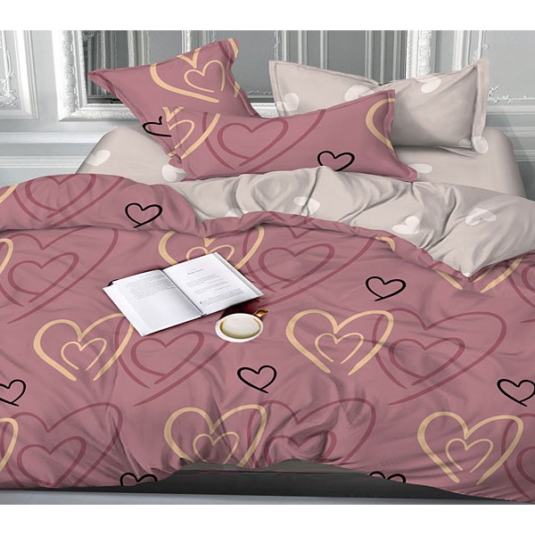 Бледный красно-пурпурный сатин с нарисованными сердцами и светло-серым компаньоном с белыми сердцами