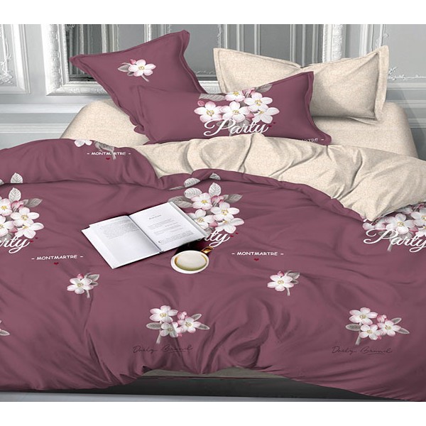 Розовато-лилово-серый сатин с белыми букетиками цветов и светло-бежевым компаньоном