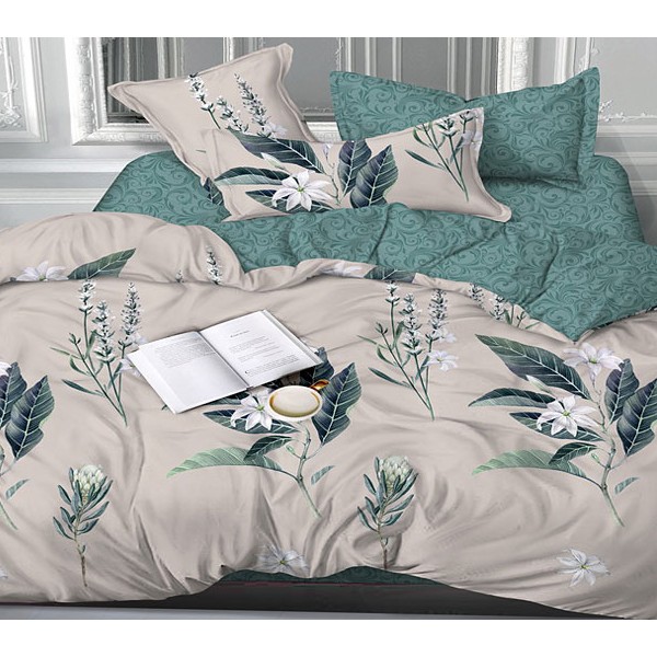 Бежево-серый сатин с бело-зелеными цветами и зеленым компаньоном