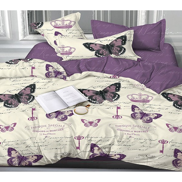 Бледно-желтоватый сатин с бабочками и темно-фиолетовым компаньоном