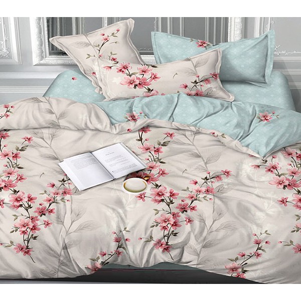 Светло-серый сатин с красно-розовыми цветами и светло-голубым компаньоном