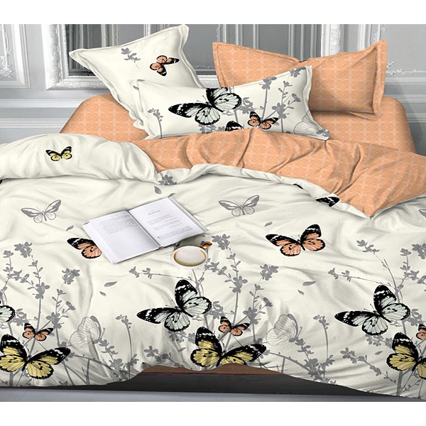 Кремовый сатин с разноцветными бабочками и оранжевым компаньоном