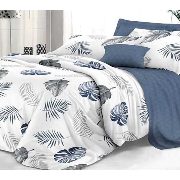 Белый твил-сатин Милагрос с синими и серыми листьями и темно-синим компаньоном