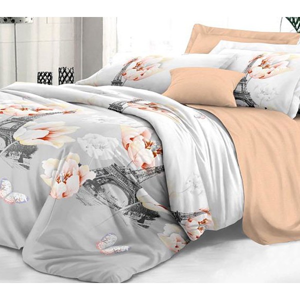 Бело-серый твил-сатин Парижский шик с цветами и Эйфеливой башней и однотонно-персиковым компаньоном