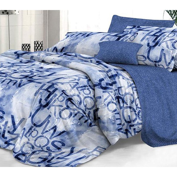 Бело-синий твил-сатин Синий туман с буквами и синим компаньоном