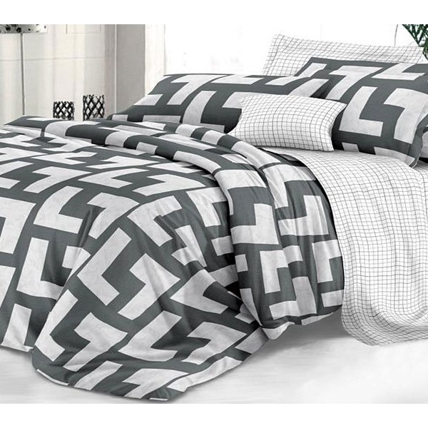 Темно-серый твил-сатин Тетрис со светло-серой абстракцией и светло-серым компаньоном