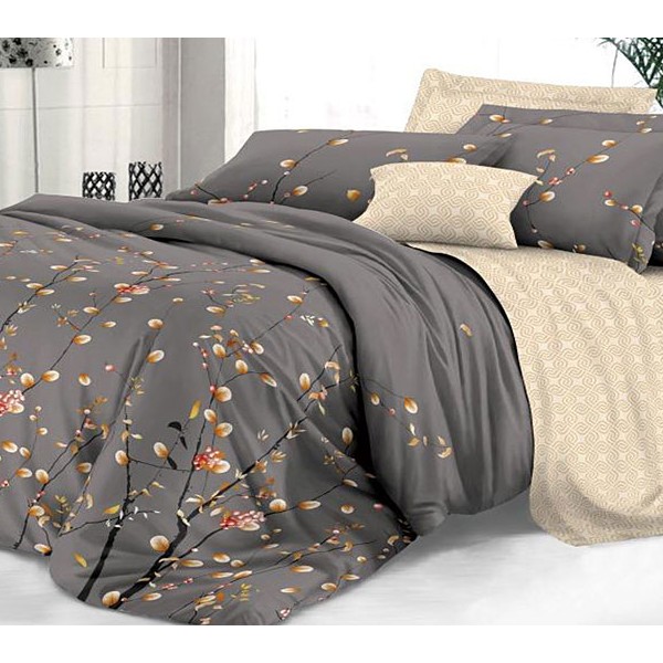 Пододеяльники из серого твил-сатина Ханами с оранжевыми листьями и золотисто-бежевым компаньоном