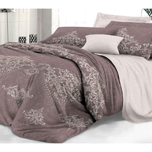 Пурпурно-серый твил-сатин Царская постель с серыми рисунками и очень бледно-розовым компаньоном
