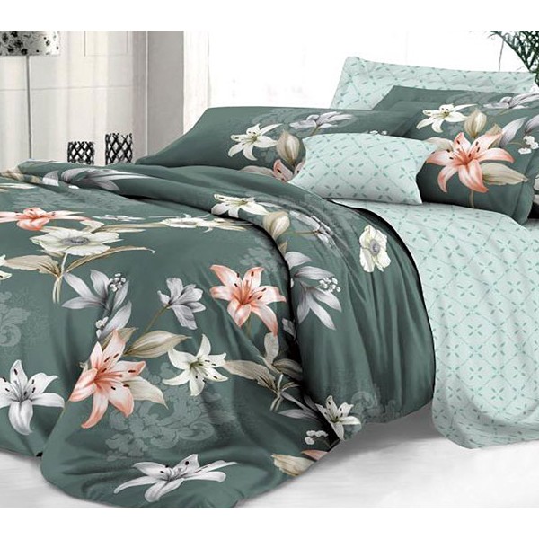 Темно-зеленый твил-сатин Лиля с бело-розовыми цветами и светло-зеленым компаньоном