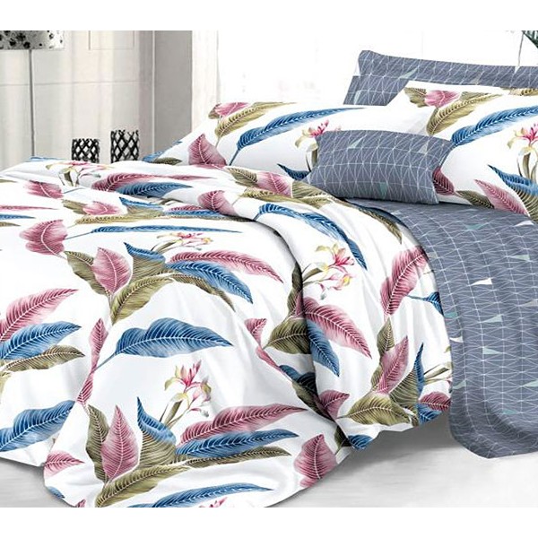 Белый твил-сатин Инна с разноцветными листьями и серым компаньоном