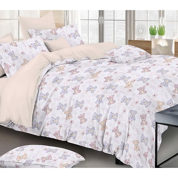 Бледно-синеватый твил-сатин с плюшевыми медведями и светло-бежевым компаньоном