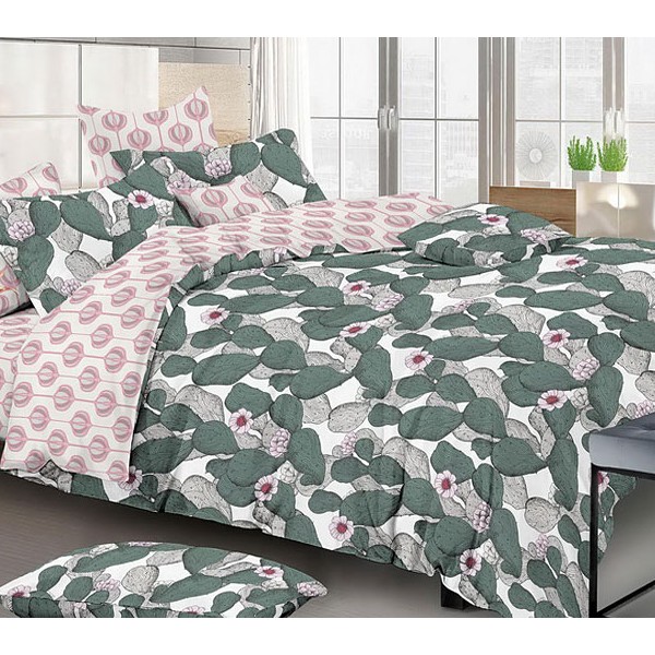 Белый твил-сатин с зелеными кактусами и бело-розовым компаньоном